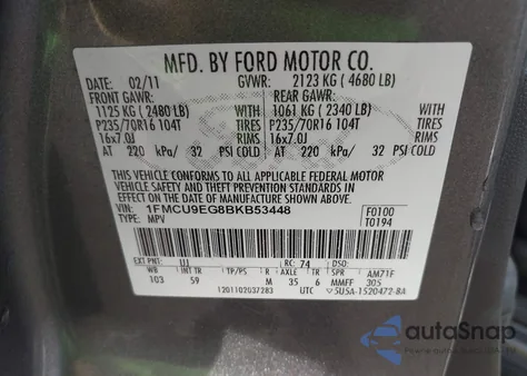 2011 Ford Escape Limited z USA, uszkodzony, nr VIN 1FMCU9EG8BKB53448